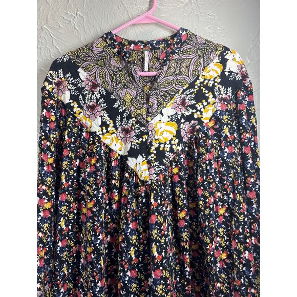 Free People Wildflower Fields Henley Tunic Oversized Boho Flowy Top Blouse SMALL - Picture 3 of 5